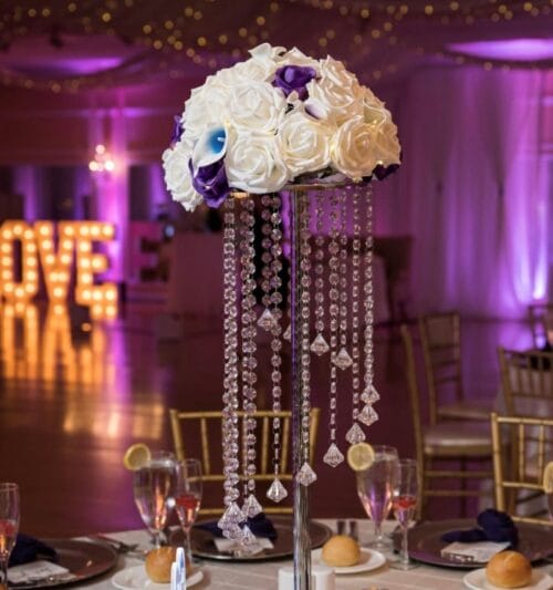 White, Purple Roses with Blue Calla Lilies on Silver Stand (Amber's