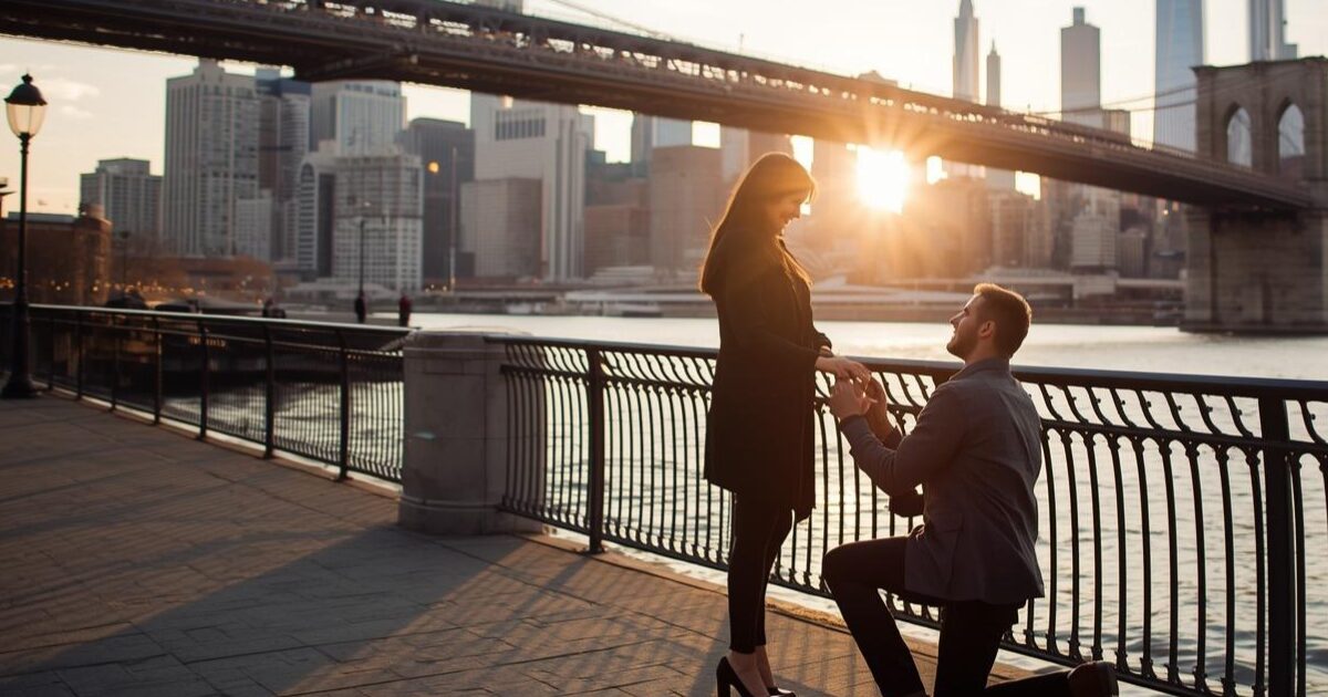 Couple standing in front of the LOVE sculpture at Love Park during a proposal 